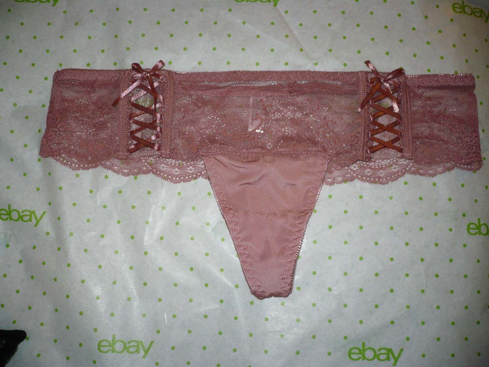 Rue 21 Women’s Thong Panties LARGE Mauve Lace Up Bows Lace Top Silky Bottom