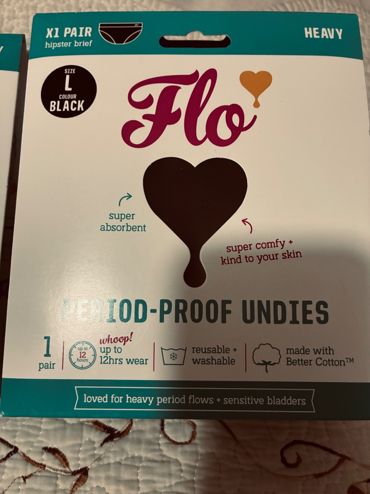 2 LOT Flo Period-Proof Undies, Hipster Brief , Washable, Size Large – New Black
