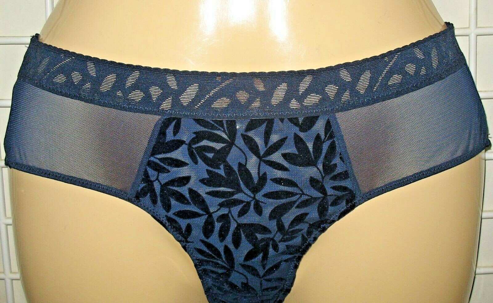 NAVY BLUE – NEW – SMALL – SHEER POLYESTER & SPANDEX PANTY – FLOCKING