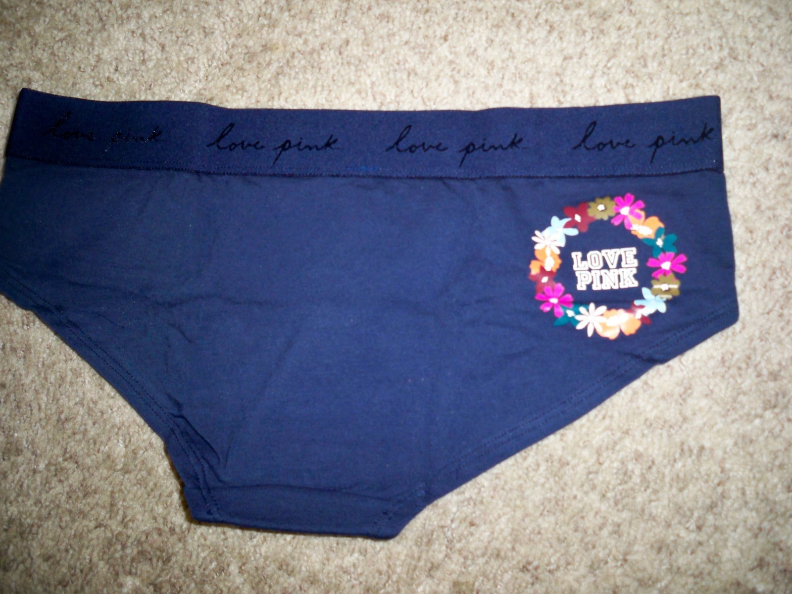 VICTORIAS SECRET HIPSTER NAVY BLUE FLORAL LOVE PINK LOGO LARGE NEW