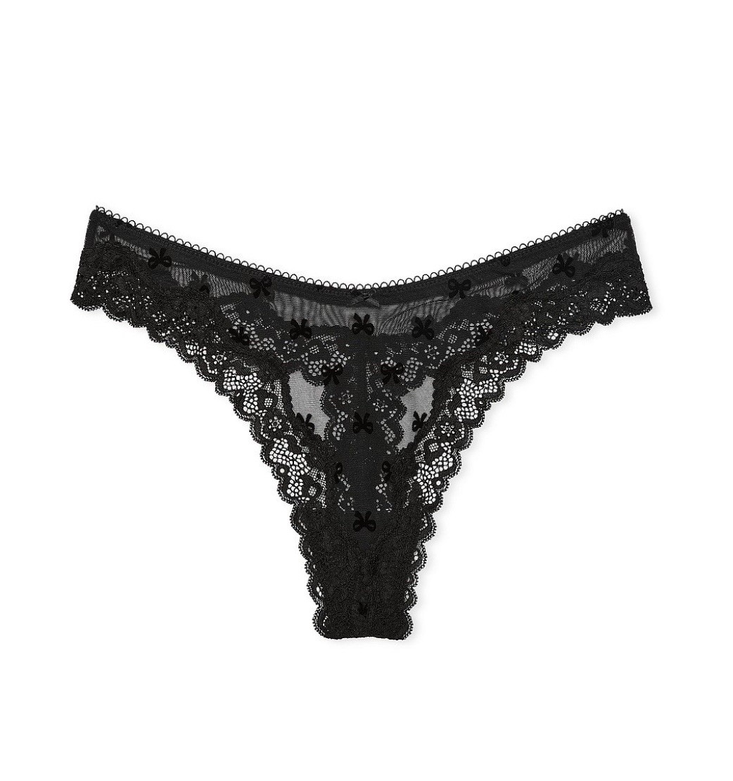 Victoria’s Secret Tease Mesh Velvet Bow Lace Thong Panty Women’s Sz L / Black