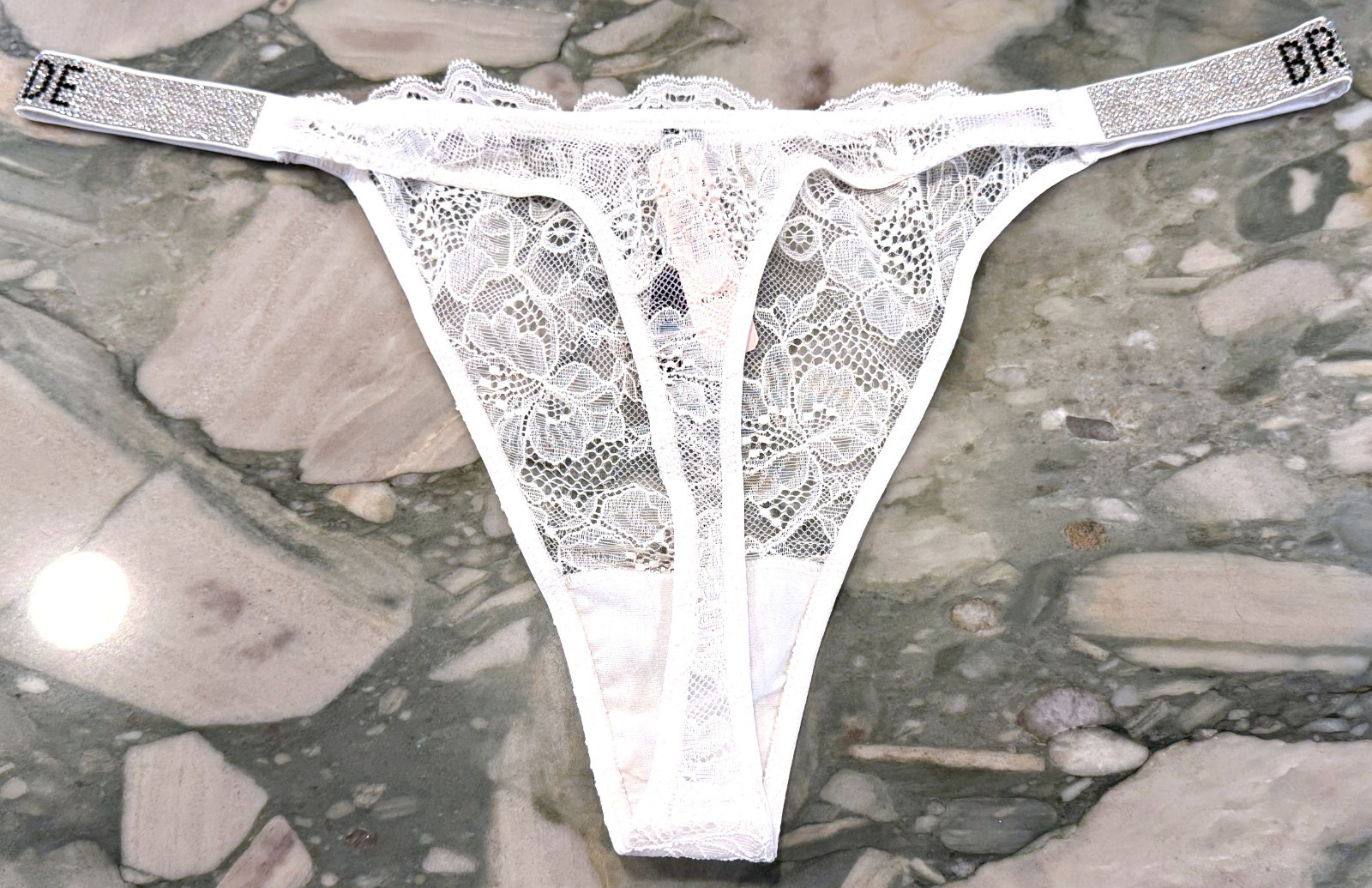 Victoria Secret Very Sexy Rhinestone Strap Thong BRIDE Coconut White XL or XXL