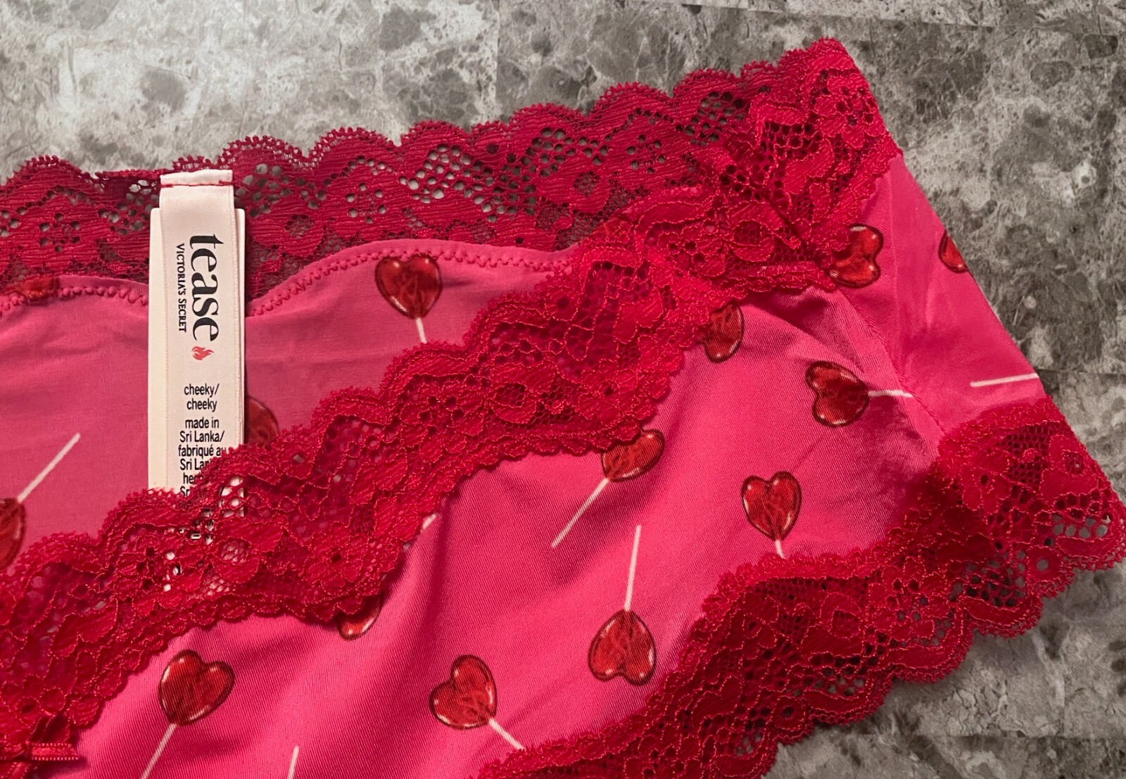 NWT VICTORIA’S SECRET TEASE PINK RED HEART SUCKER SMOOTH LACE BOW CHEEKY PANTIES