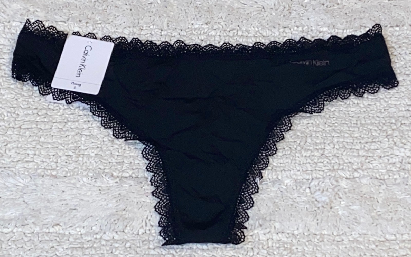 CALVIN KLEIN Radiant Lace Trim Black Thong Panty Womens Sz XS 4 S 5 M 6 XL 8