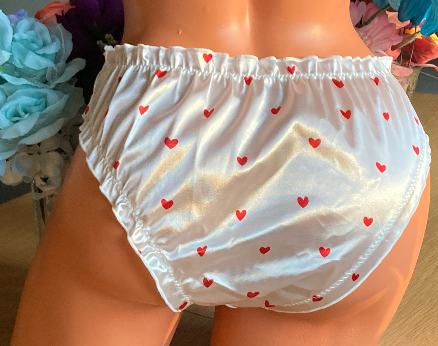RED Hearts on White 8/XL Silky Second Skin SATIN Ruffled Hi Leg Cheeky Panties