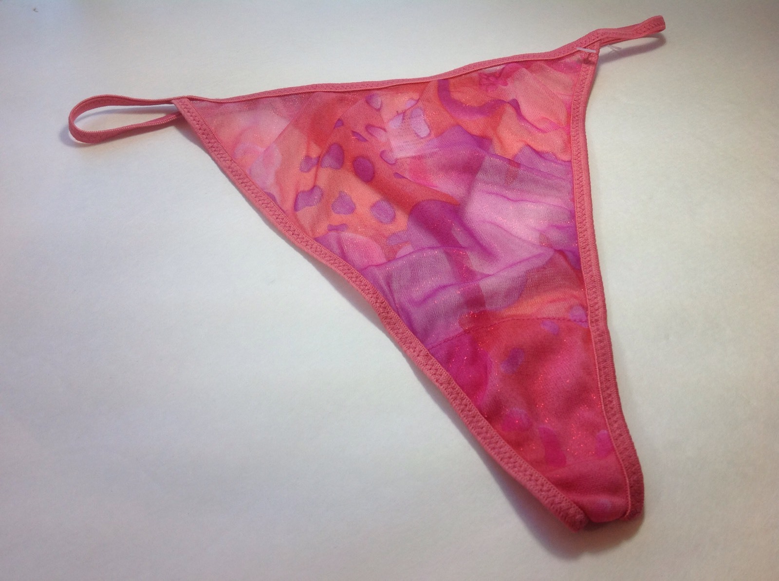 Women Panties,Thongs Size L/7 Large Pink Metallic Net W/ Decoration
