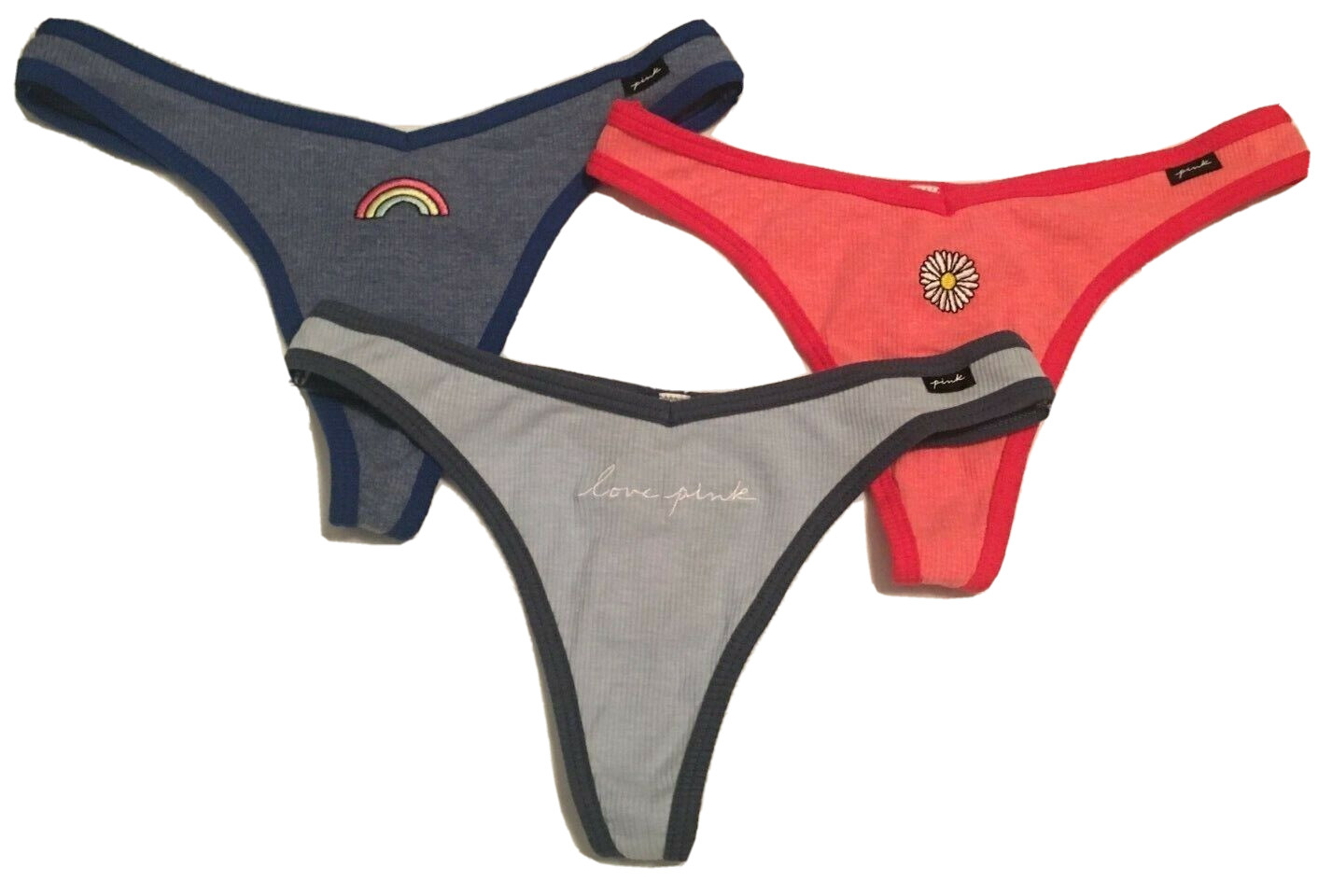 Victorias Secret PINK 3 PCS Thong Panties Size S Embroidered Front Ribbed Cotton