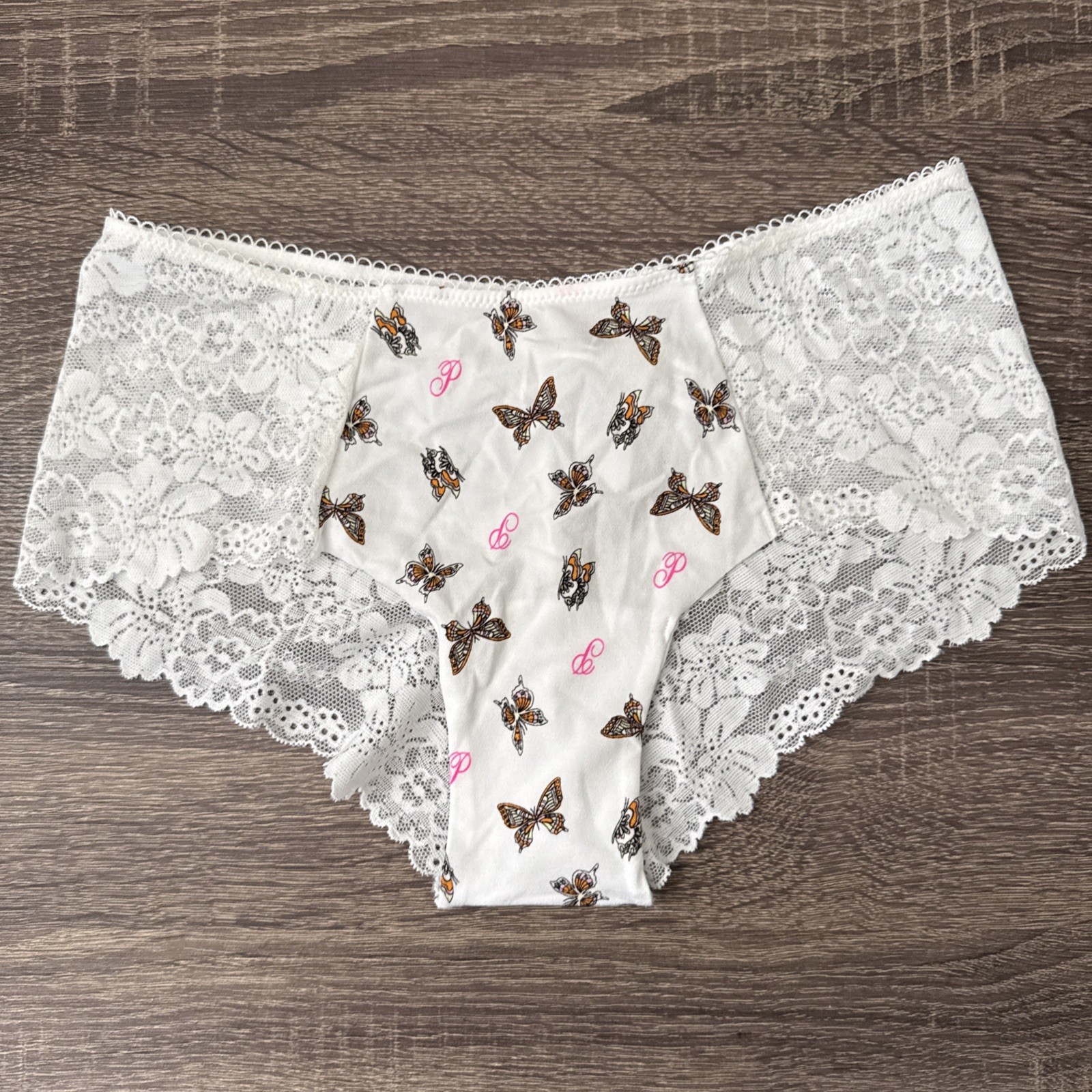 Pink By Victorias Secret Small, White Lace Back Butterflies Cheeky Panties