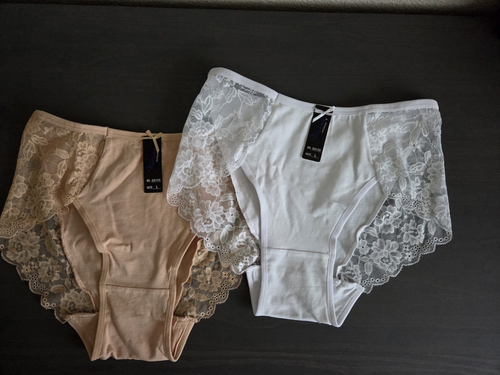 Vision Lace Floral Brief Panties 2 Pack Beige White Size L Cotton Spandex Bow