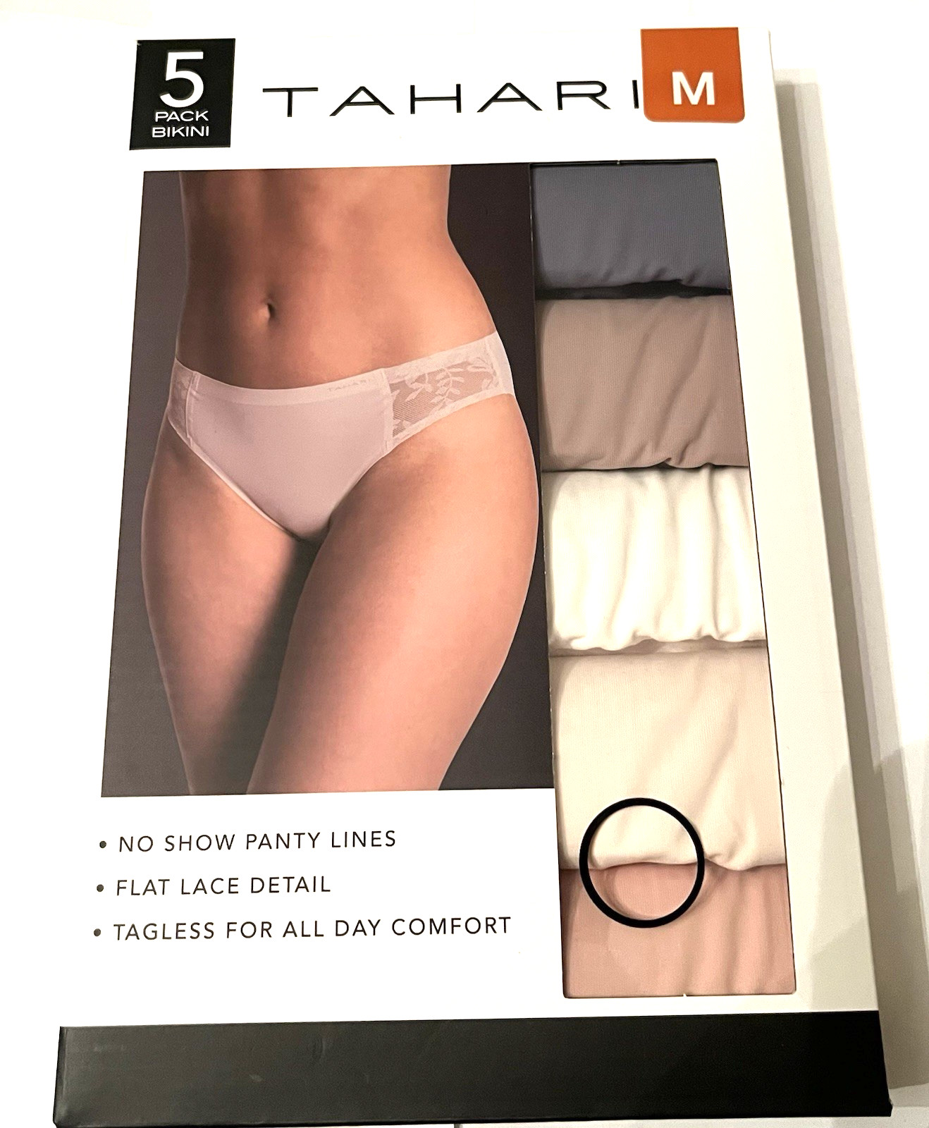 TAHARI Women’s BIKINI Underwear Panties 5-Pair Flat Lace Detail Size Medium NWt