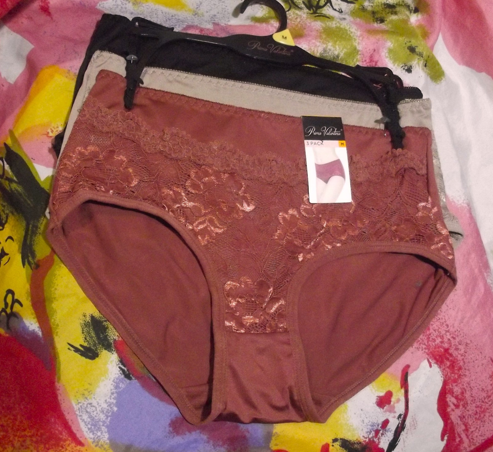 3 NEW PRIMA VALENTINA 871058 BWN/BG/BK MICROFIBER LACE TRIM BRIEF PANTIES M