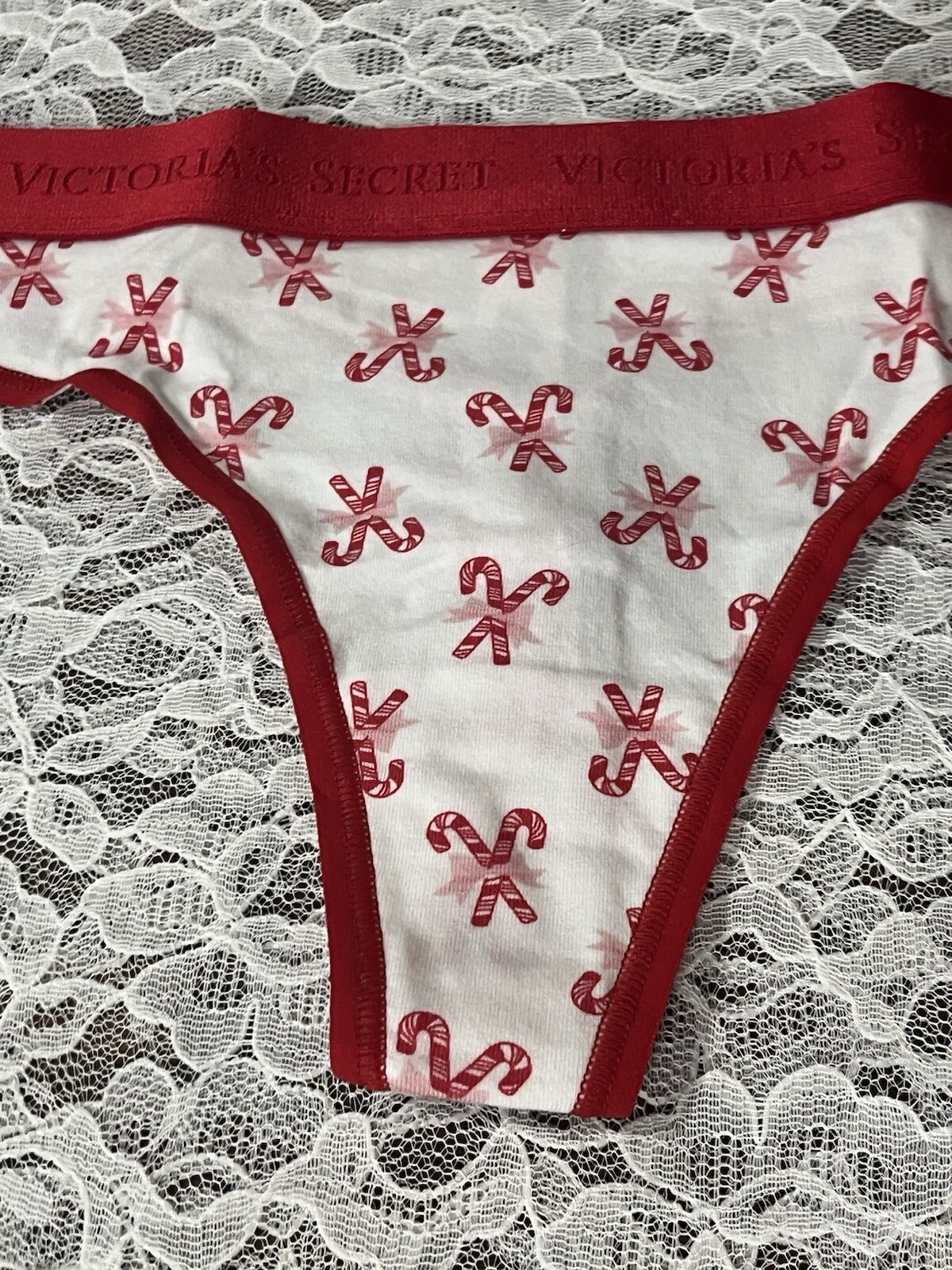 Victoria’s Secret Thong White Candy Cane Panties Logo Waist Size Large