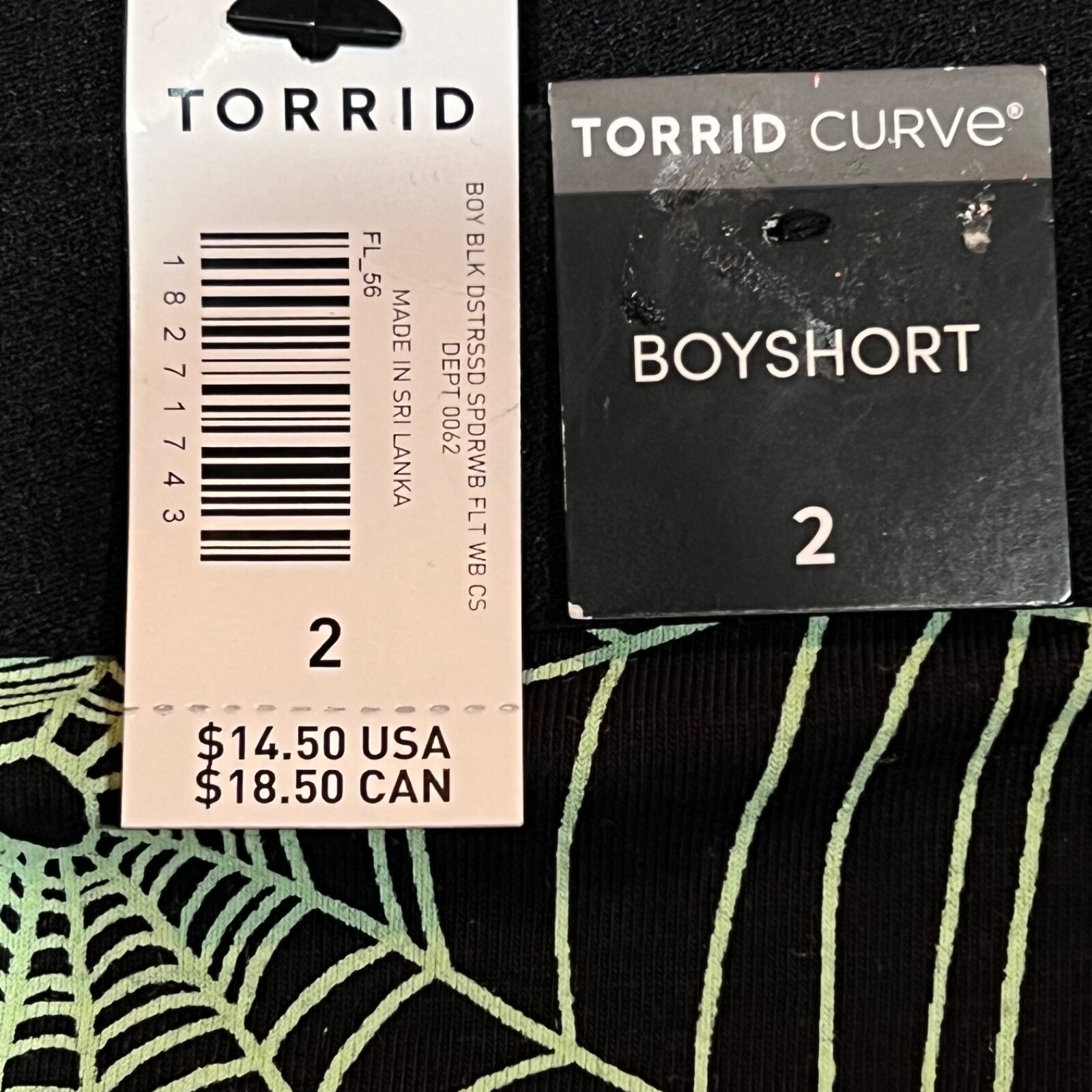 NWT TORRID Boyshort Pantie Sz 1X-2X-3X-4X Black Green Spider Webs