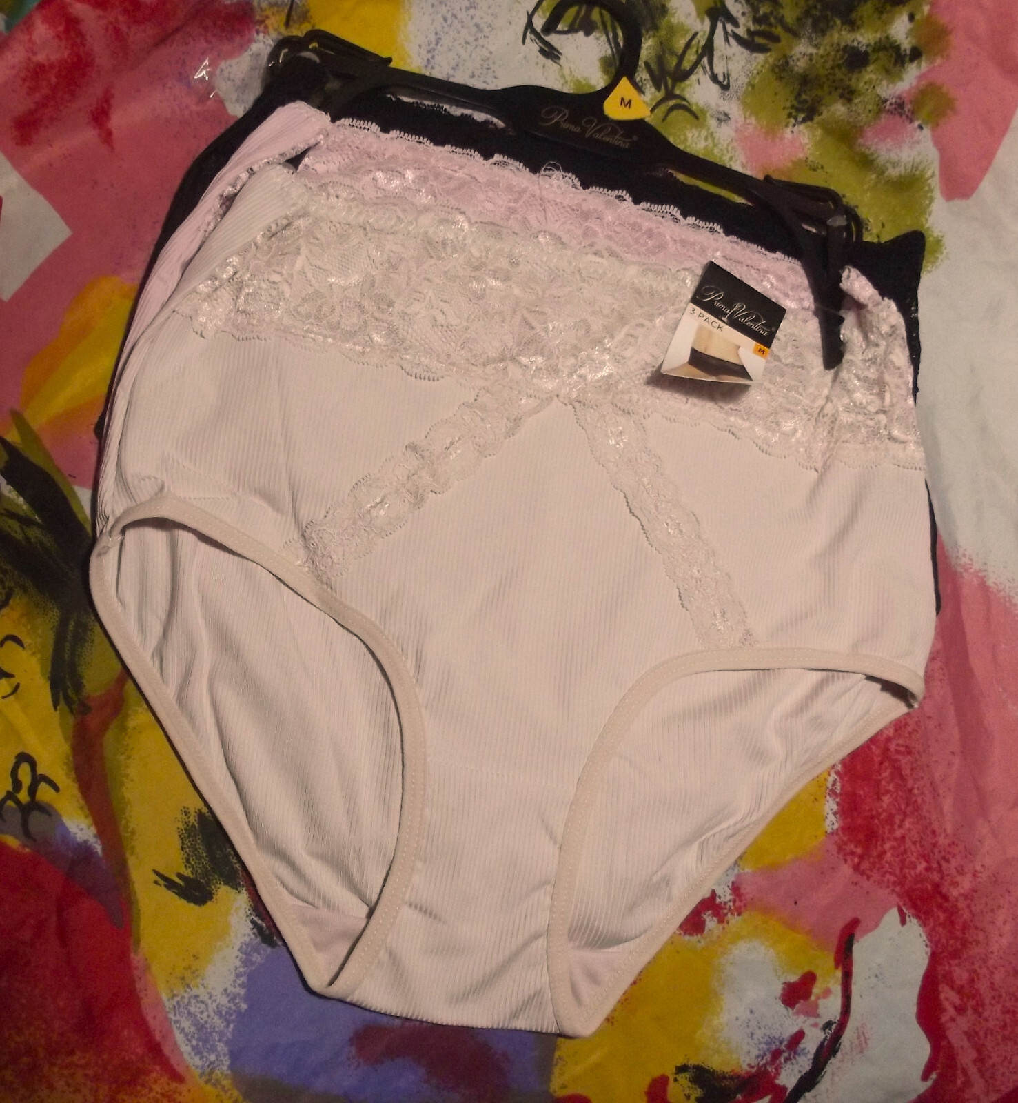 3 PRIMA VALENTINA 871398 LB/PK/BK MICROFIBER LACE TRIM RIBBED BRIEF PANTIES M