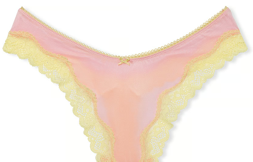 XS Lt Pink Satiny w NEON Citron Lace TEASE Victoria’s Secret HighLeg Thong Panty