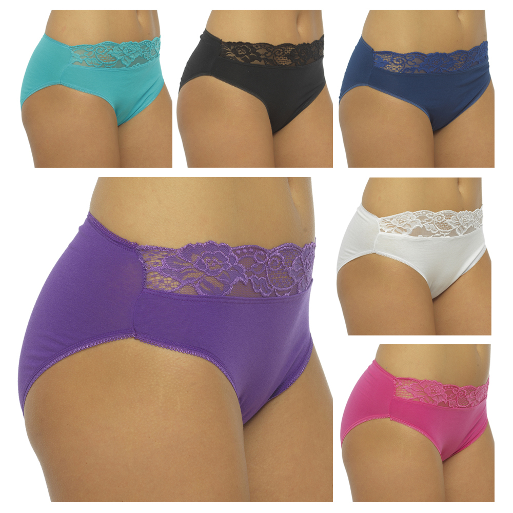 NEW 5 PACK LADIES COTTON RICH HI HIGH LEG BRIEFS LACE KNICKERS UNDERWEAR 8 -18