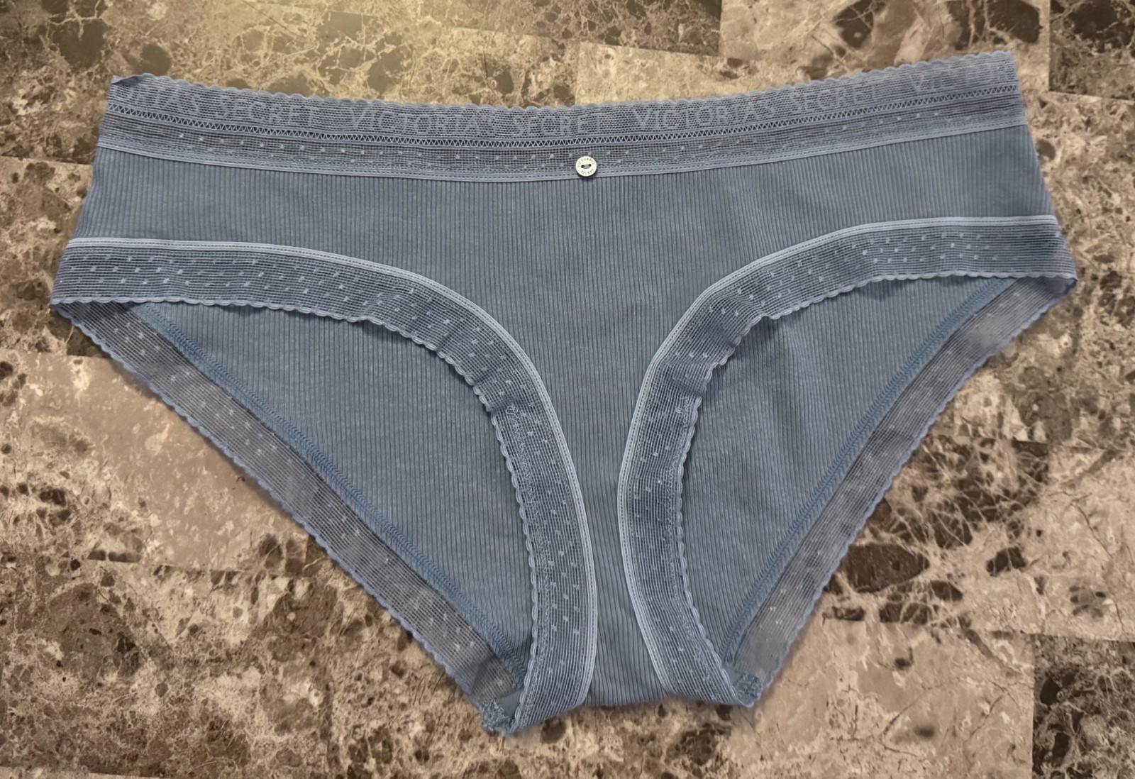 NWT VICTORIA’S SECRET L BLUE RIBBED KNIT POLKA DOT LOGO TRIM HIPHUGGER PANTIES