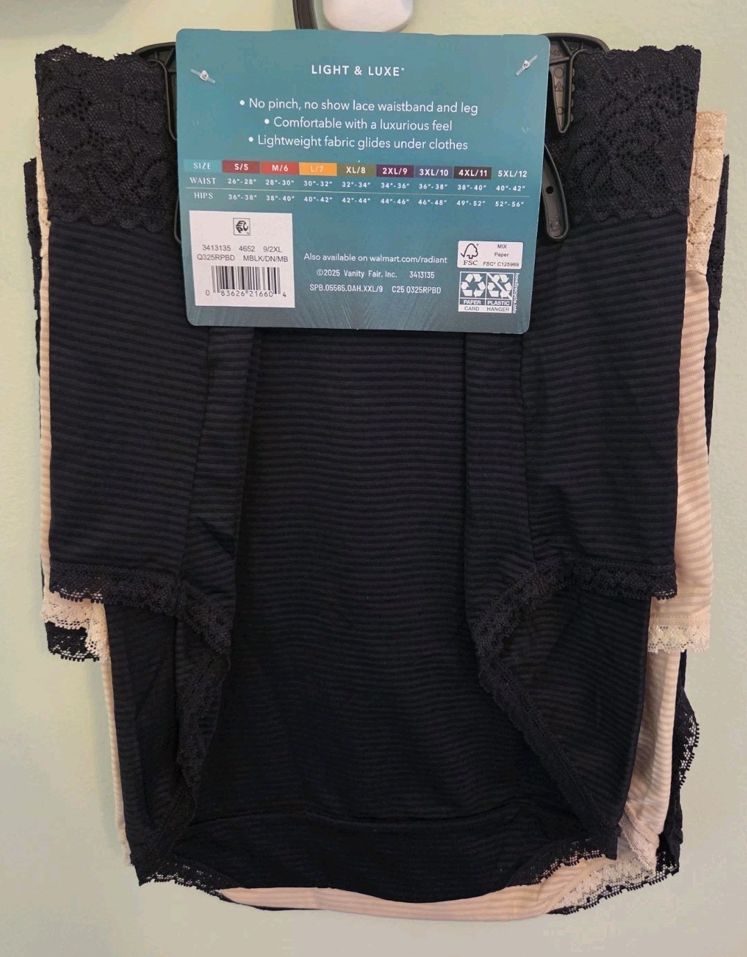 Vanity Fair Women’s XXL 9 Light & Luxe 3 PACK Brief 3413135 BLACK BEIGE Lace