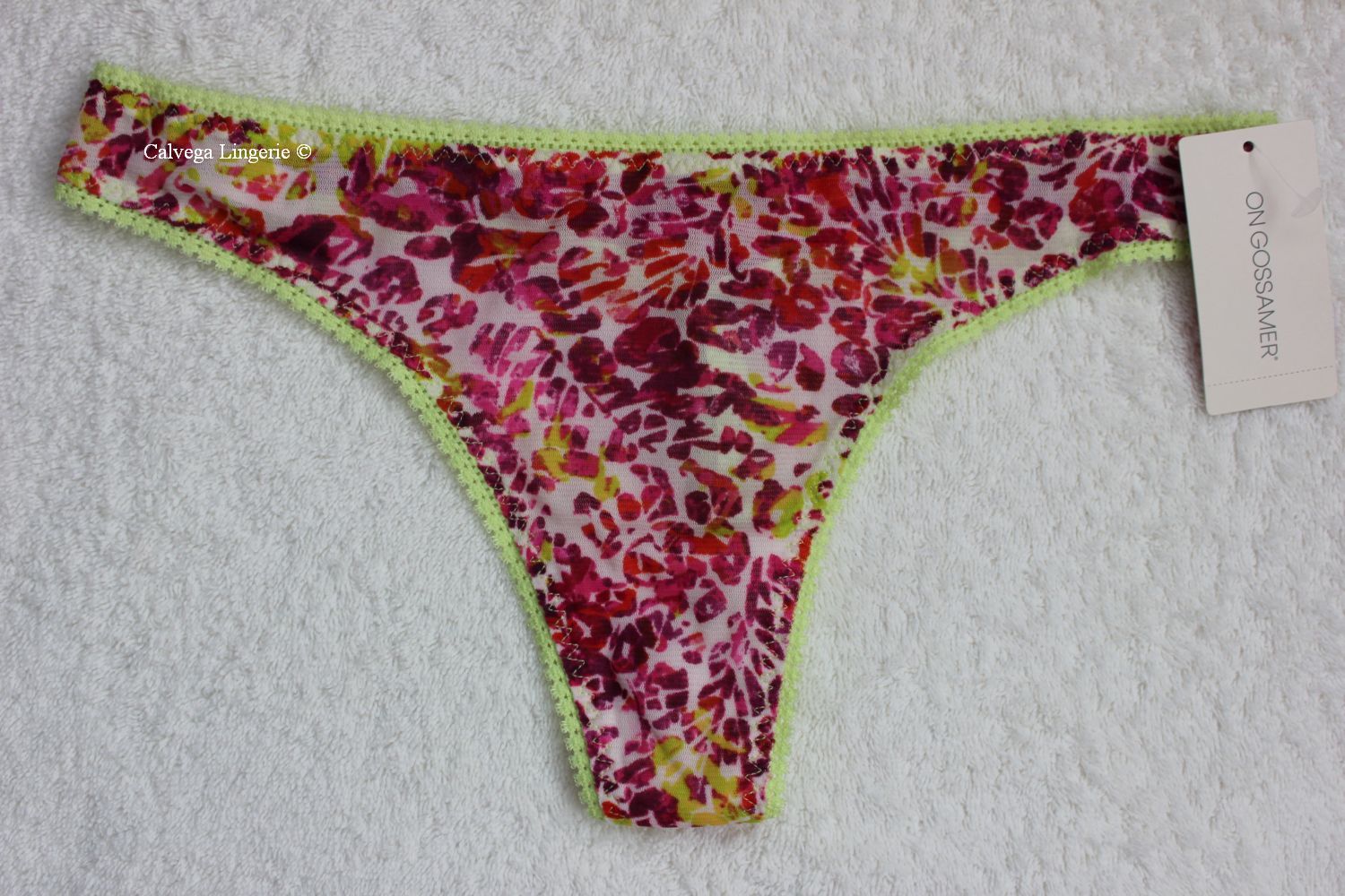 NWT OnGossamer 022150 “Printed Hip G” Low Rise Mesh Thong, Pink / Yellow, S/M