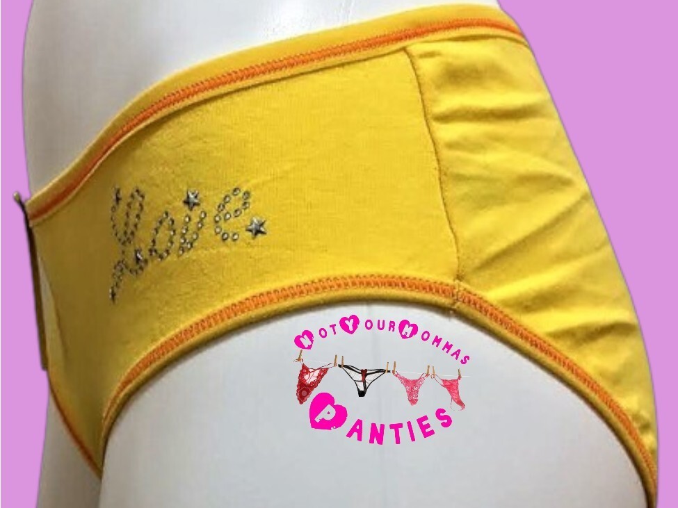 VISION INTIMATE solid yellow w/orange stitching hi-cut briefs w/rhinestones [XL]
