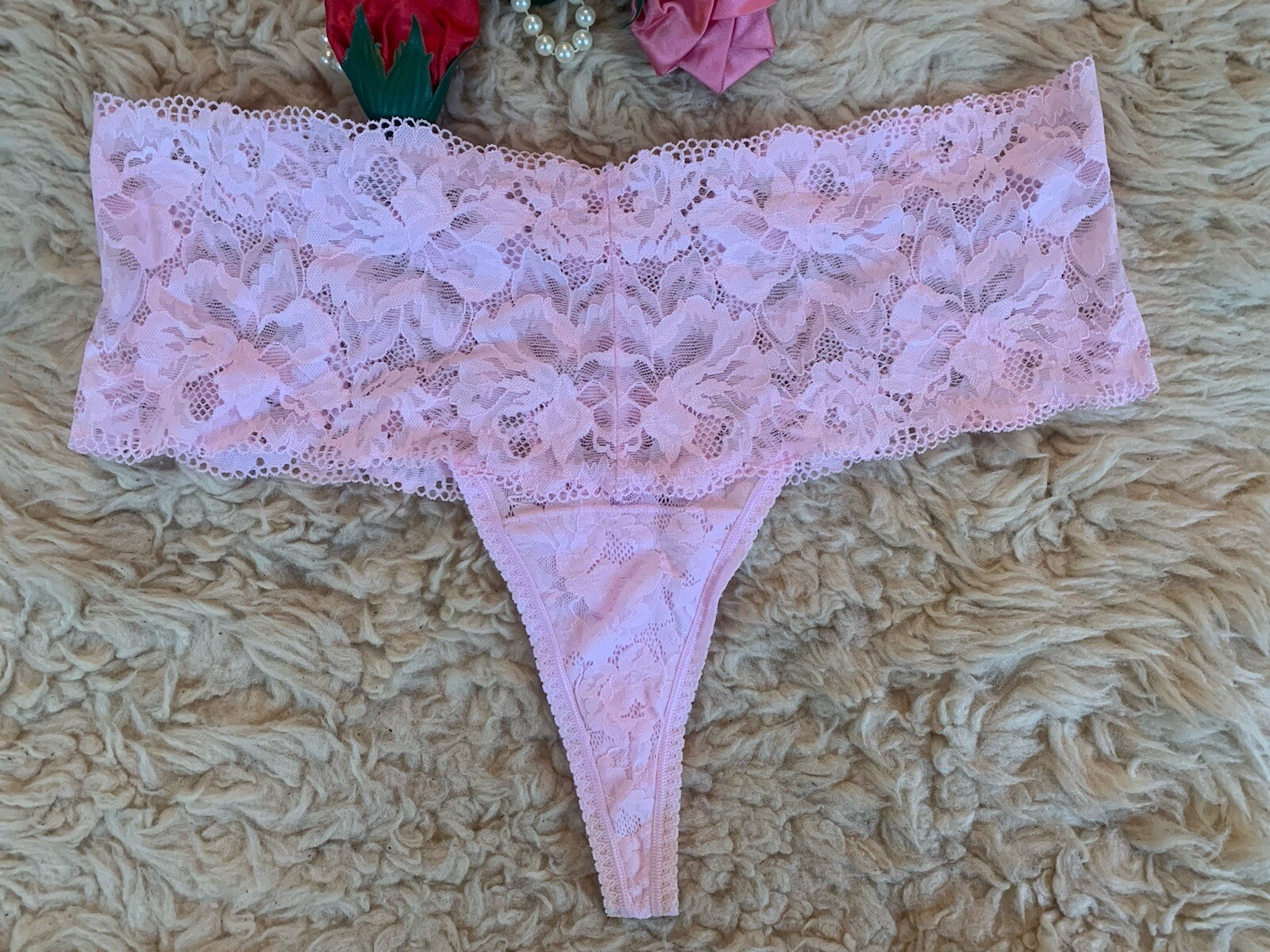 Pink Sheer Lace High Waist Thong Panty Panties L NWOT 32-40” Waist