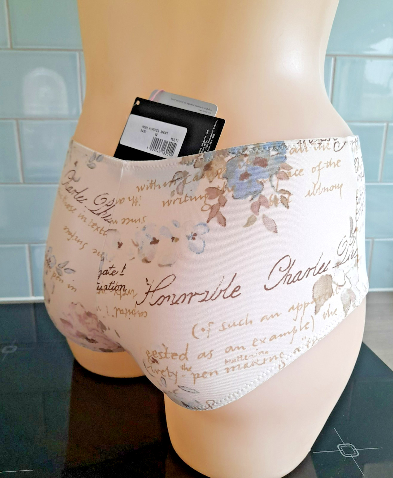 Atlantis Beige Multi Floral and Script POEM Hipster Shorts Style 3432