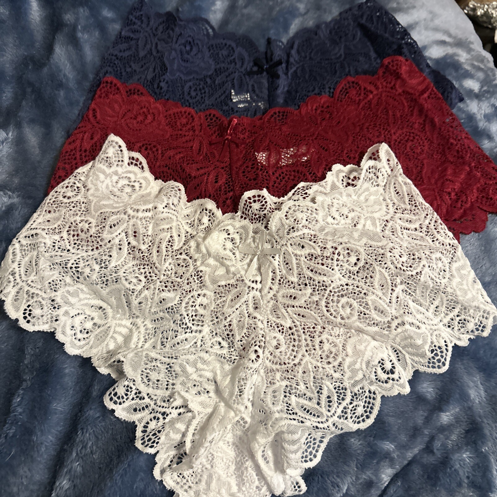 Lace Boyleg Panties Lot Of 3 sexy White Maroon & Navy Blue Woman’s Size Small