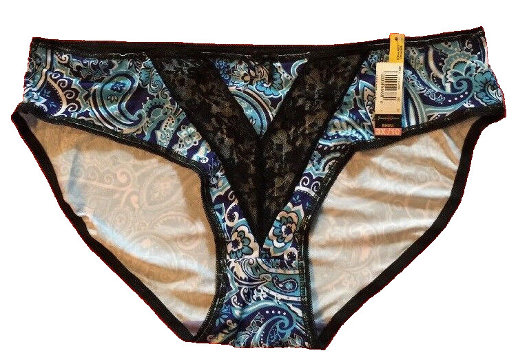 Womens Blue Bikini Panties Size 3X/10 White Scrolls Sexy V Black Lace Inset NEW