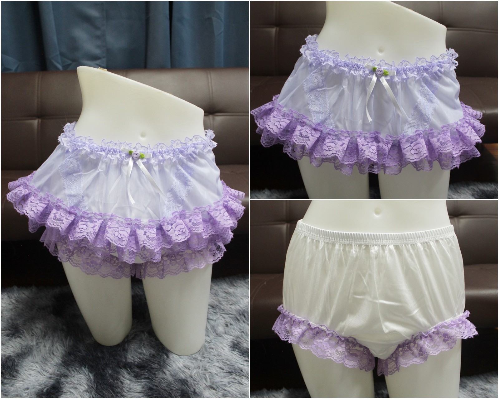 #A328 2XL/ElasticW.24-42″ VintageStyle 2PCS Purple Nylon Half Slip + White Brief