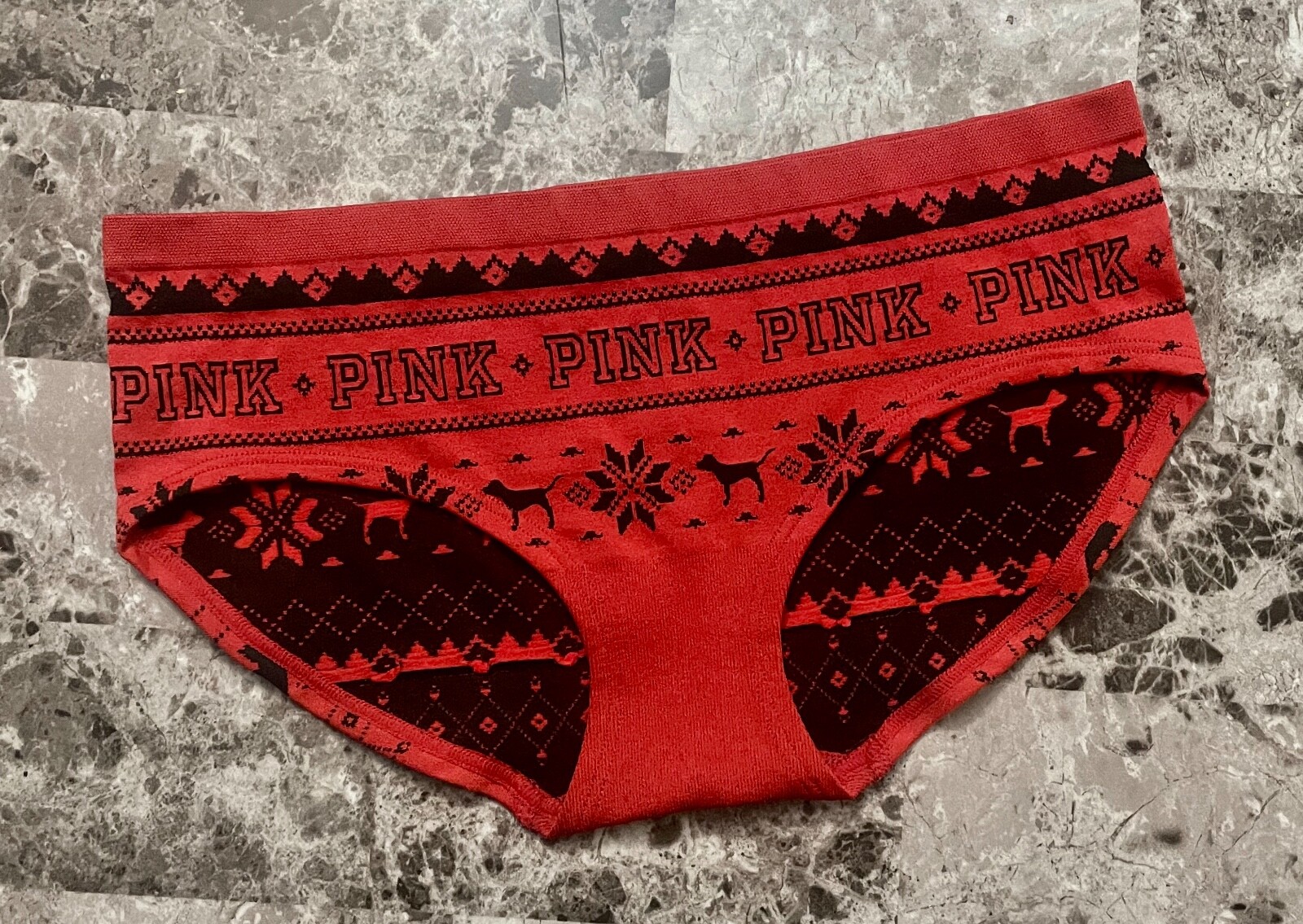 VICTORIA’S SECRET PINK S RED FAIR ISLE SNOWFLAKE SEAMLESS RARE HIPSTER PANTIES