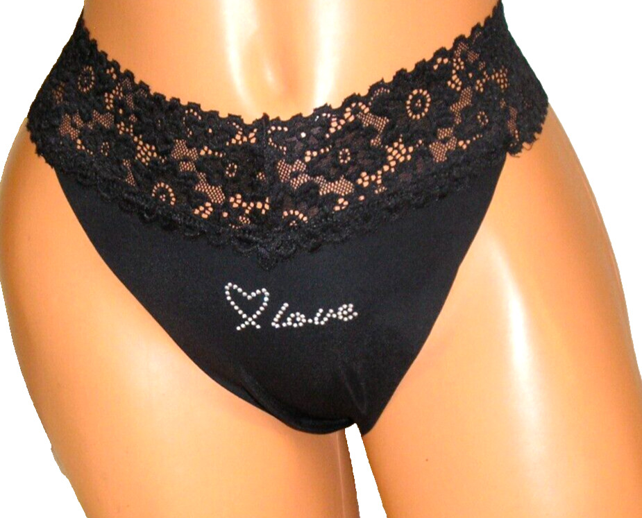 Panties Lingerie Heart Love Rhinestone Detail Lace Trim Black Thong XL Gift