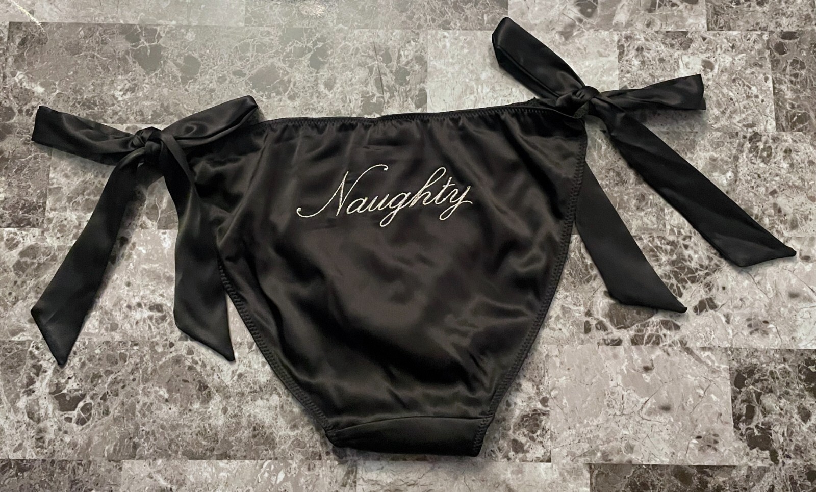 NWT VICTORIA’S SECRET TEASE S BLACK SATIN SMOOTH NAUGHTY SIDE TIE CHEEKY PANTIES