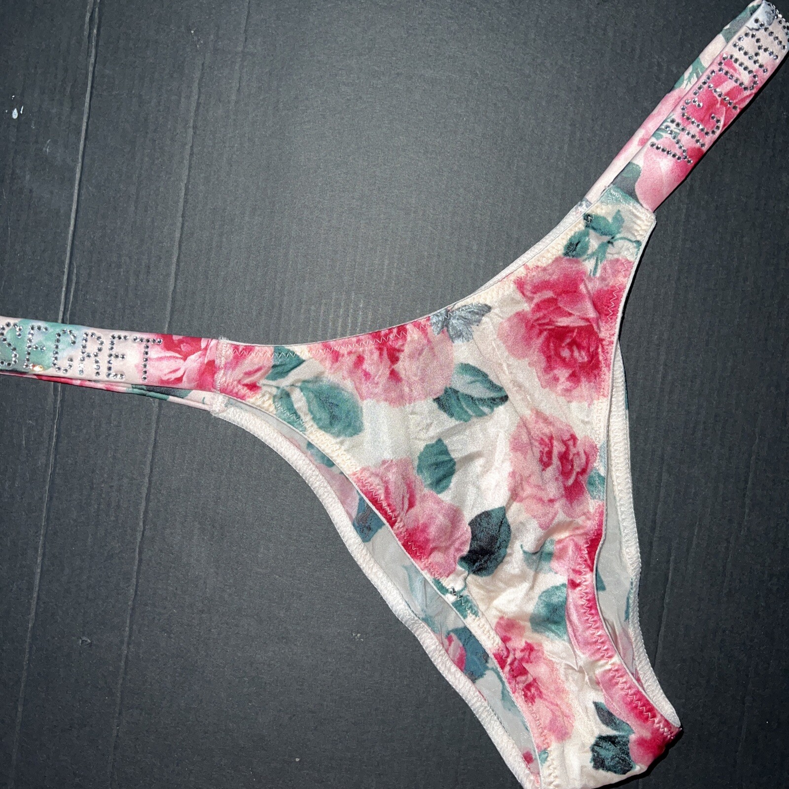 Victoria’s Secret S Panty BRAZILIAN floral green PINK rose PEONY SHINE STRAP