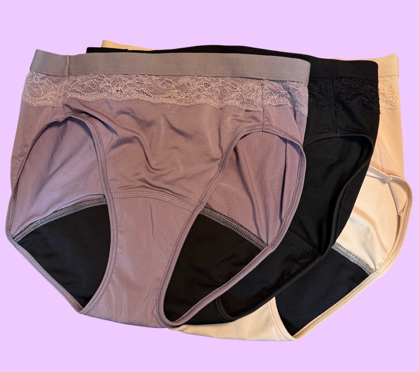 3 Pair Bali Absorbent (period) Panties New w/o Tags. 7/L lavender, beige, black