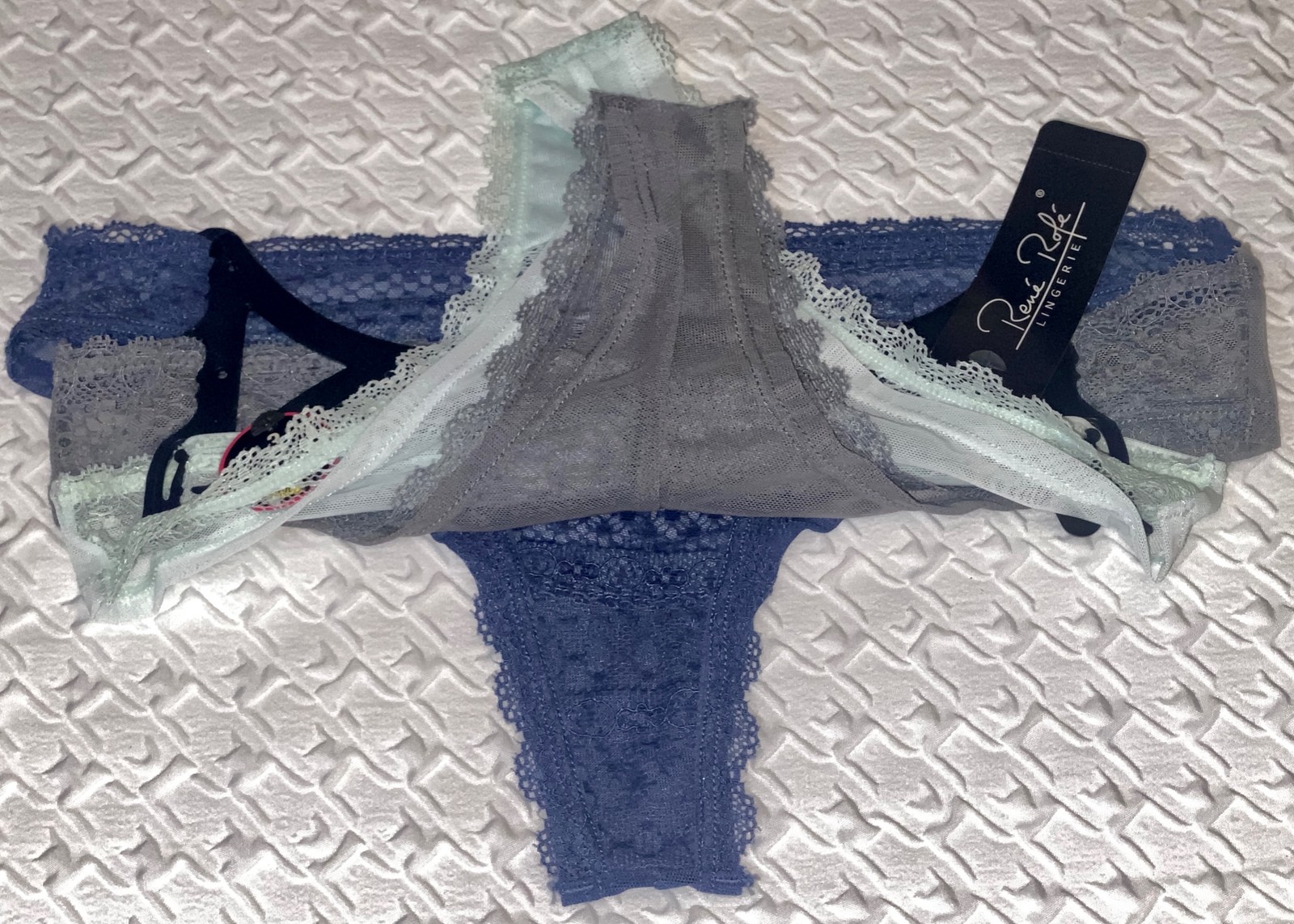 RENE ROFE 3 Pack Lace Trim Mint Green Blue Grey Mesh Thong Panty Womens M 6 L 7
