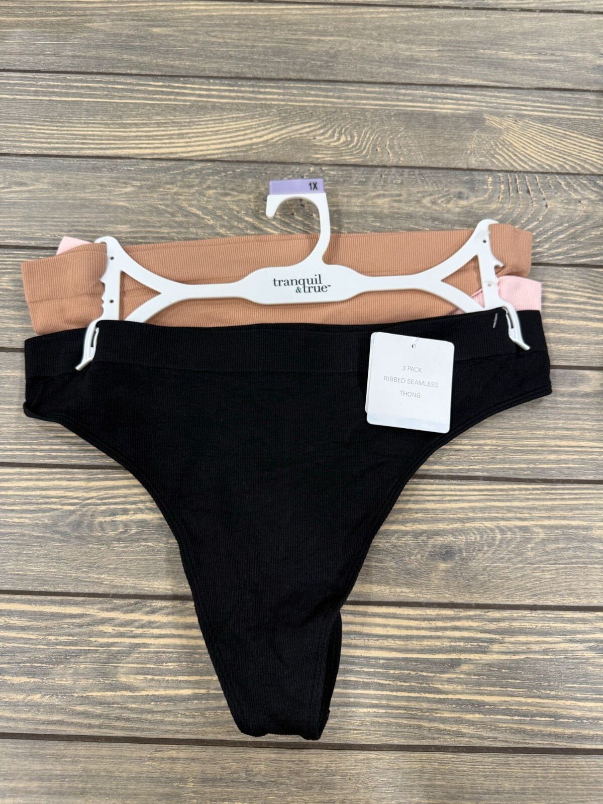 3 Pack Tranquil & True Ribbed Seamless Thong Underwear 1X Black Pink Brown