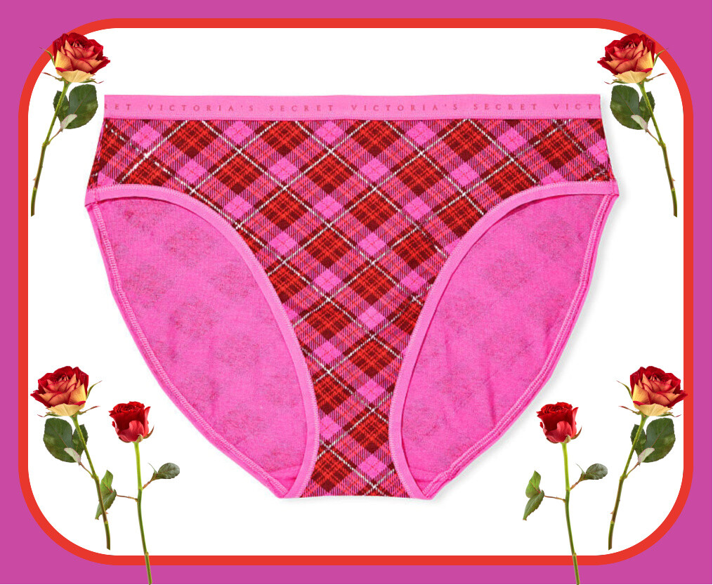 M L XL Pink Red GLIMMER Plaid Cotton Victorias Secret HighLeg Waist Brief Panty