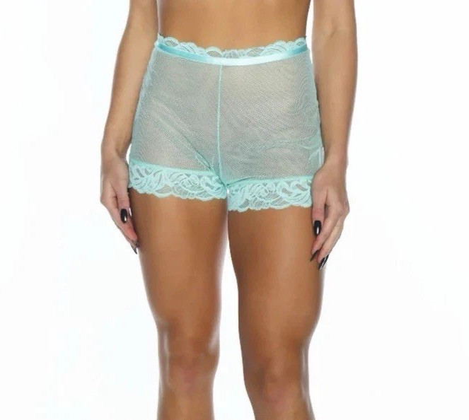 Teal Mesh Sheer Bloomers Shorts High-Waist Demery Jayne Women’s M Blue Lingerie
