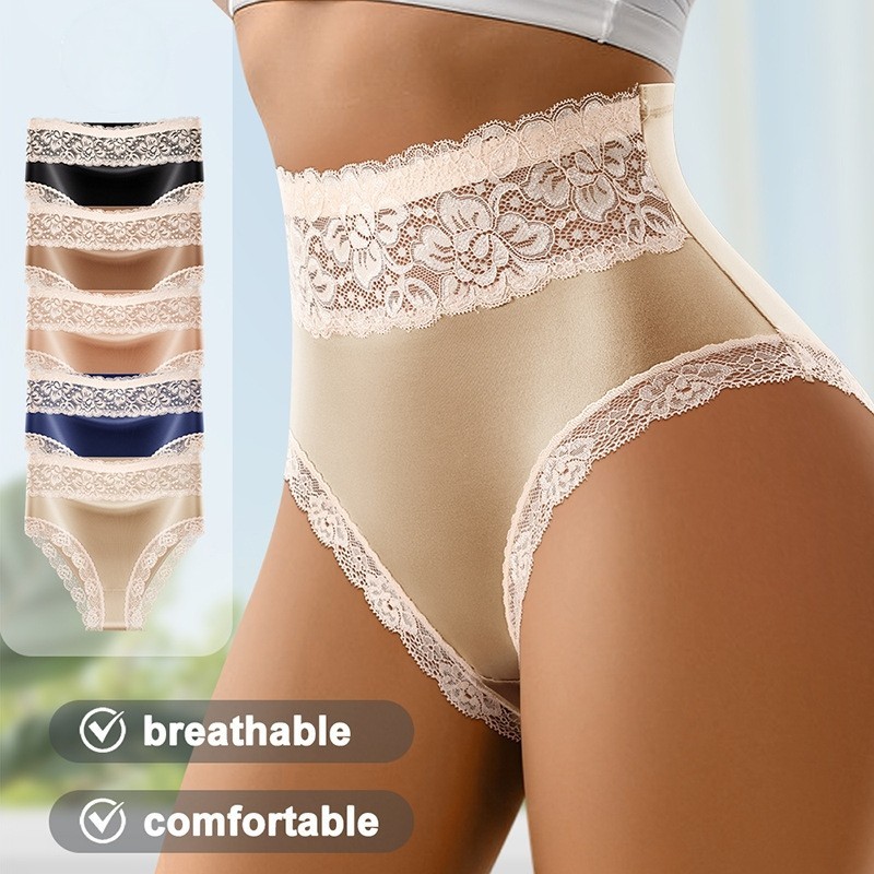 3 Pack High Waist Lace Shiny Panties – Tummy Control Butt Lift Breathable Bikini