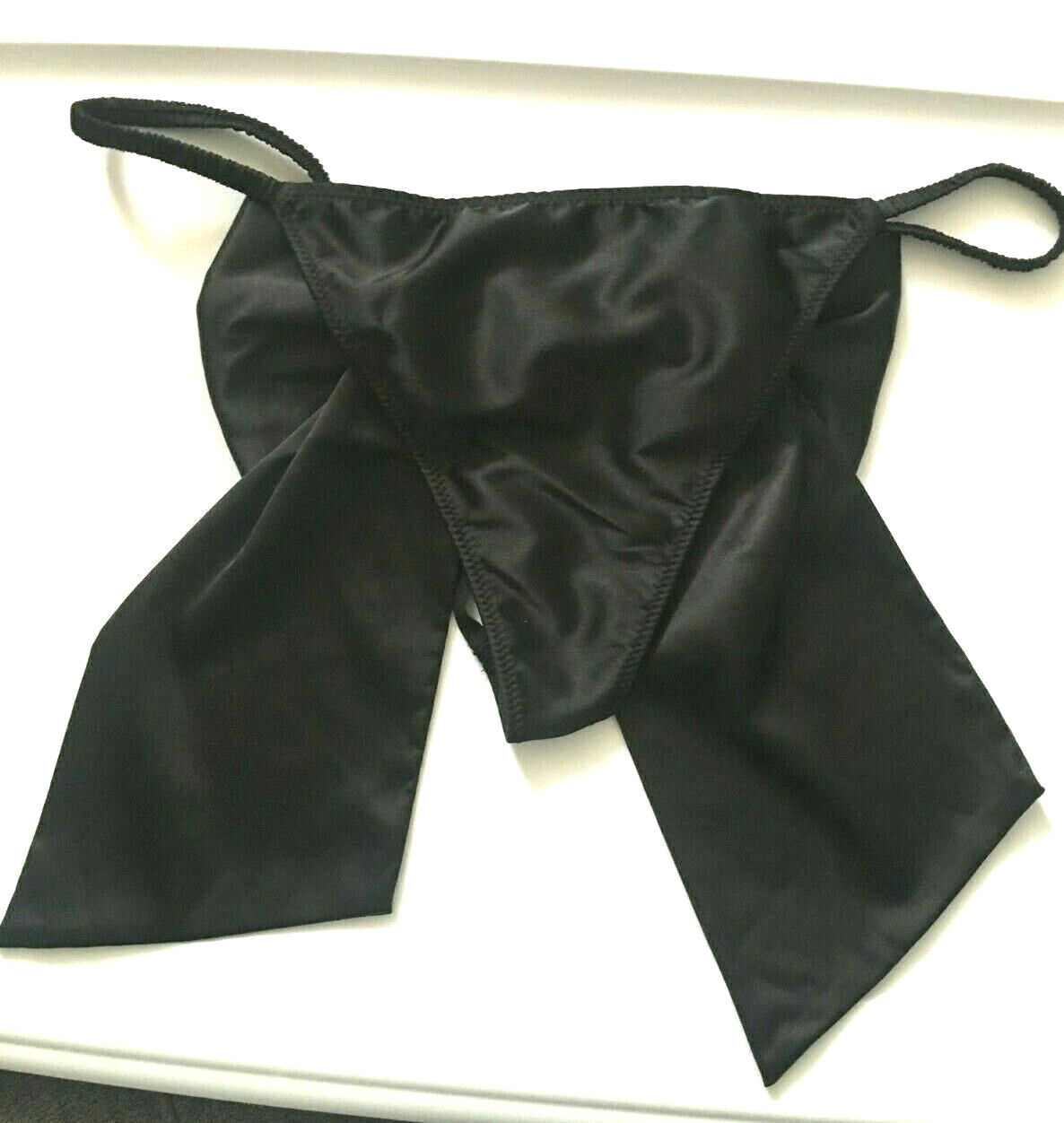 Victoria’s Secret Bow Back Thong Panty Black Satin Silky Size S-M Dream Angels