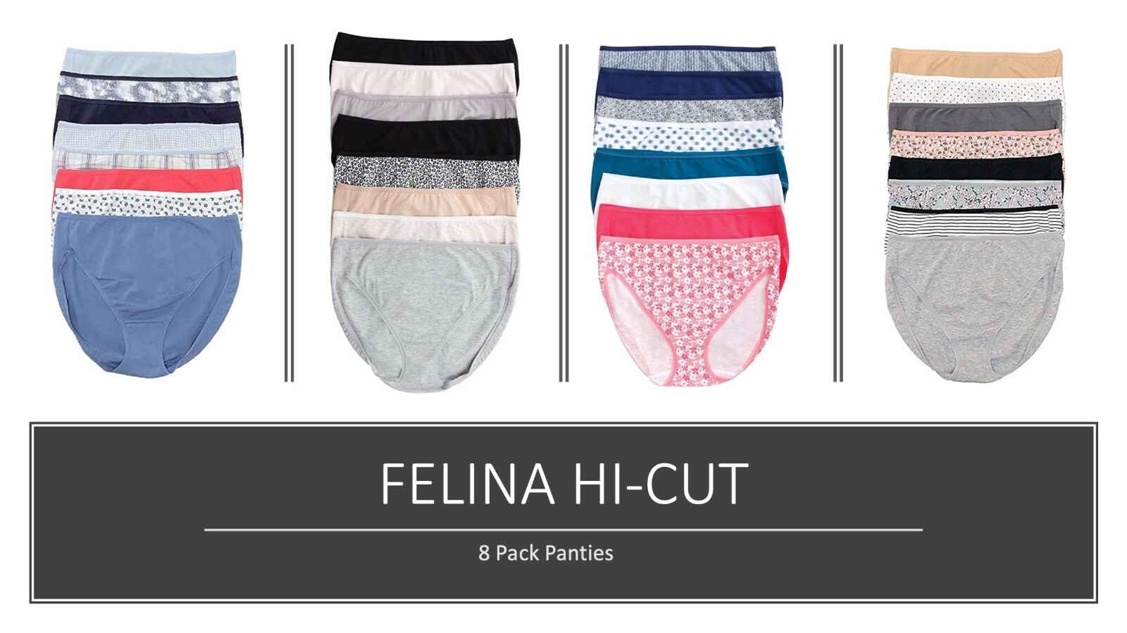 Felina Ladies Full Coverage Hi-Cut 8-Pack Cotton Panty VARIETY!!!