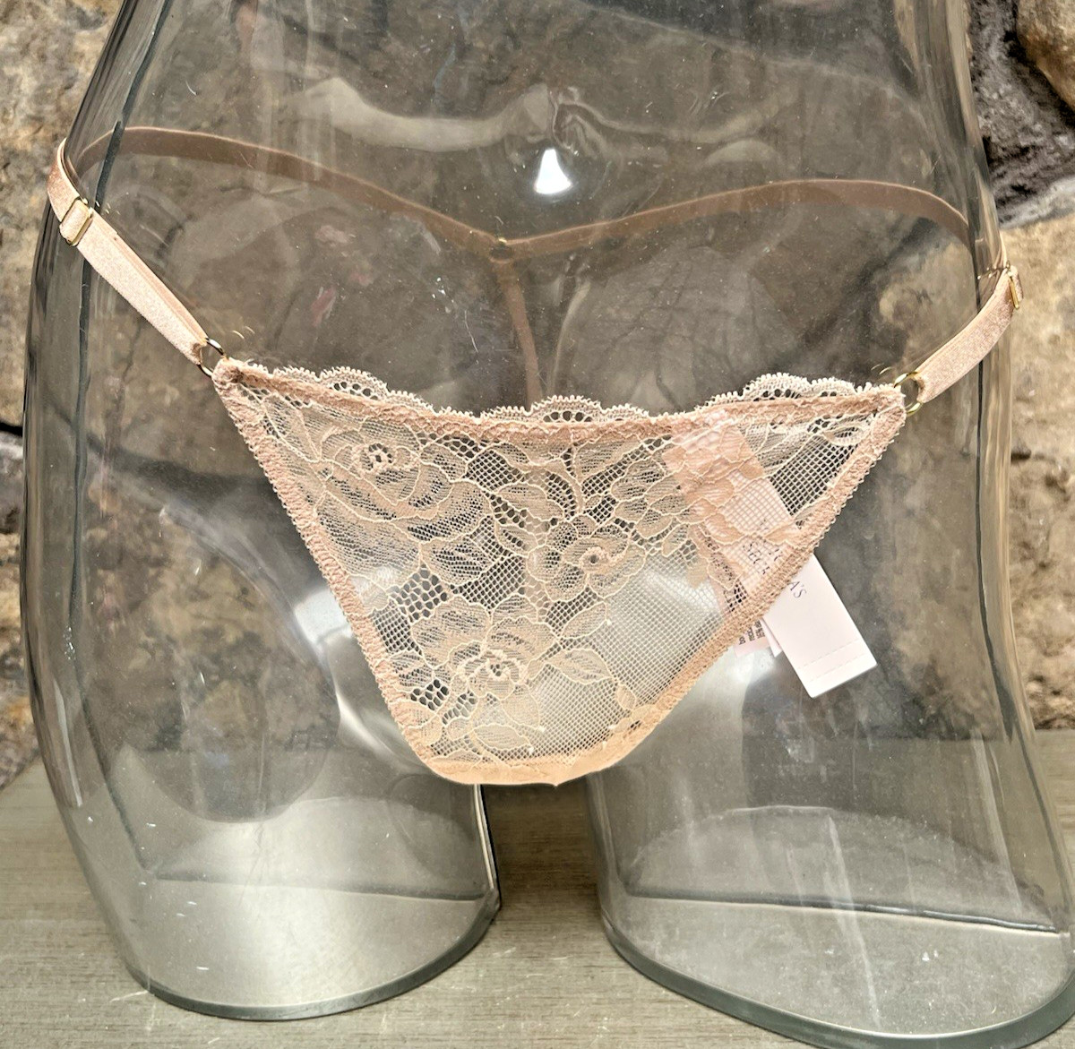 Victoria’s Secret Lace V-STRING THONG Panty BEIGE Sz S Adjustable Waist NWT$18
