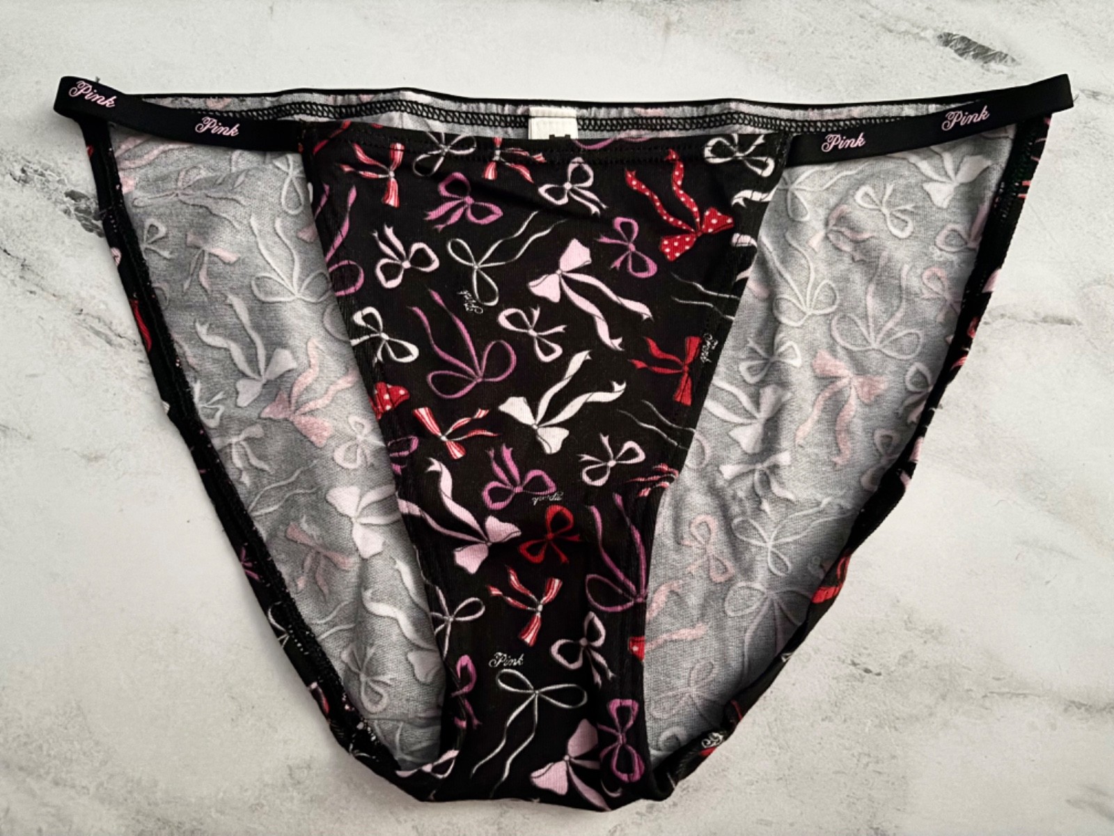 PINK Victoria’s Secret String Bikini Panty Black Bows Logo Band S M L XL 2XL