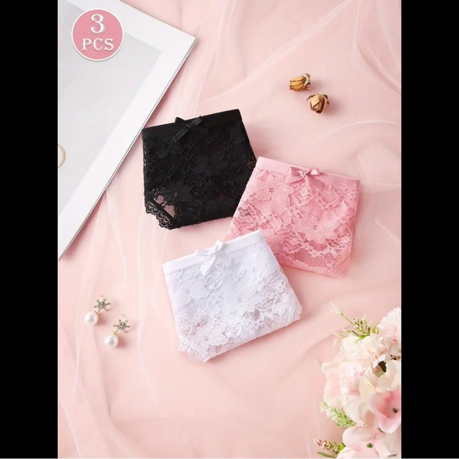 3-Pack, Multi-Colored, Floral Lace Panties