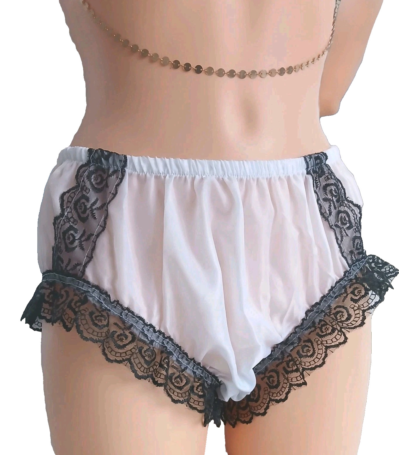 White Nylon Knickers With Black Lace Beautifully Handmade, Small to 3XL Unisex