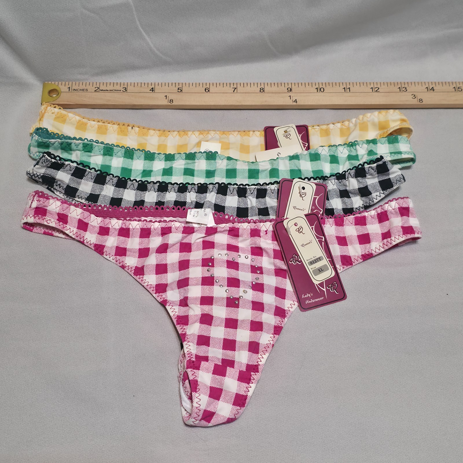 4 Queen’s Lady’s Thong Checkerd Heart Studded Panties Underwear Size XL NWT
