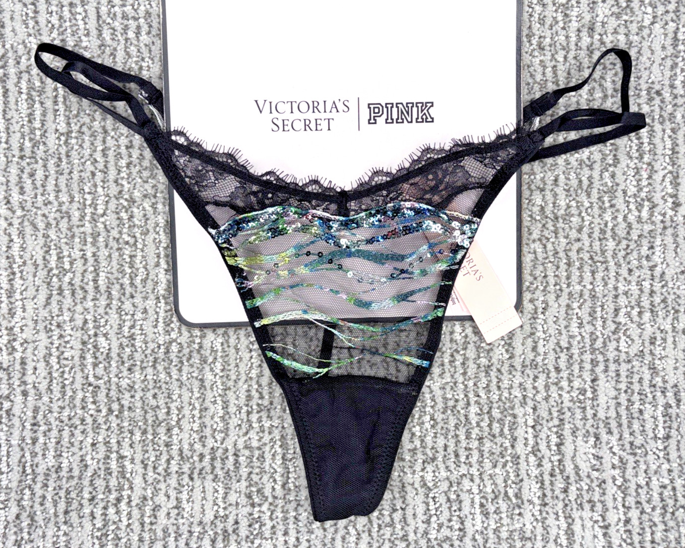 Victoria’s Secret Very Sexy NWT XL Black Siren Sequin Strappy V String Panty