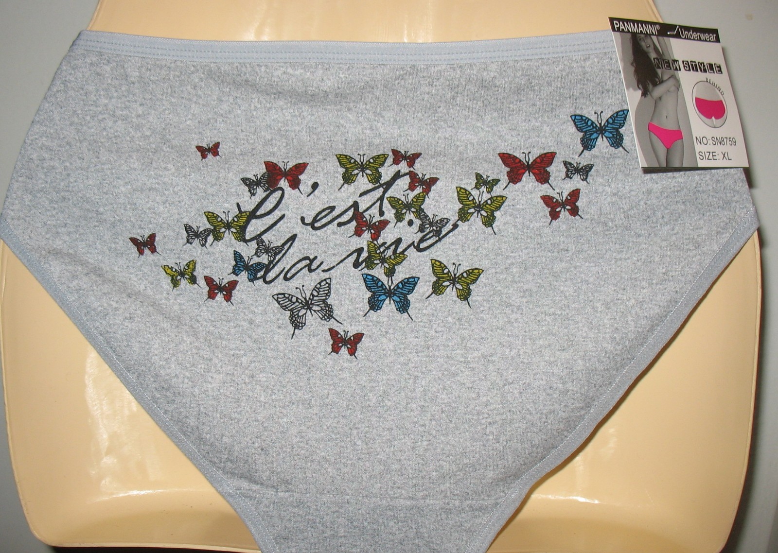 PANMANNI – NEW – SIZE: XL GRAY COTTON STRETCH PANTY ” CEST LA VIE ” ON BACK