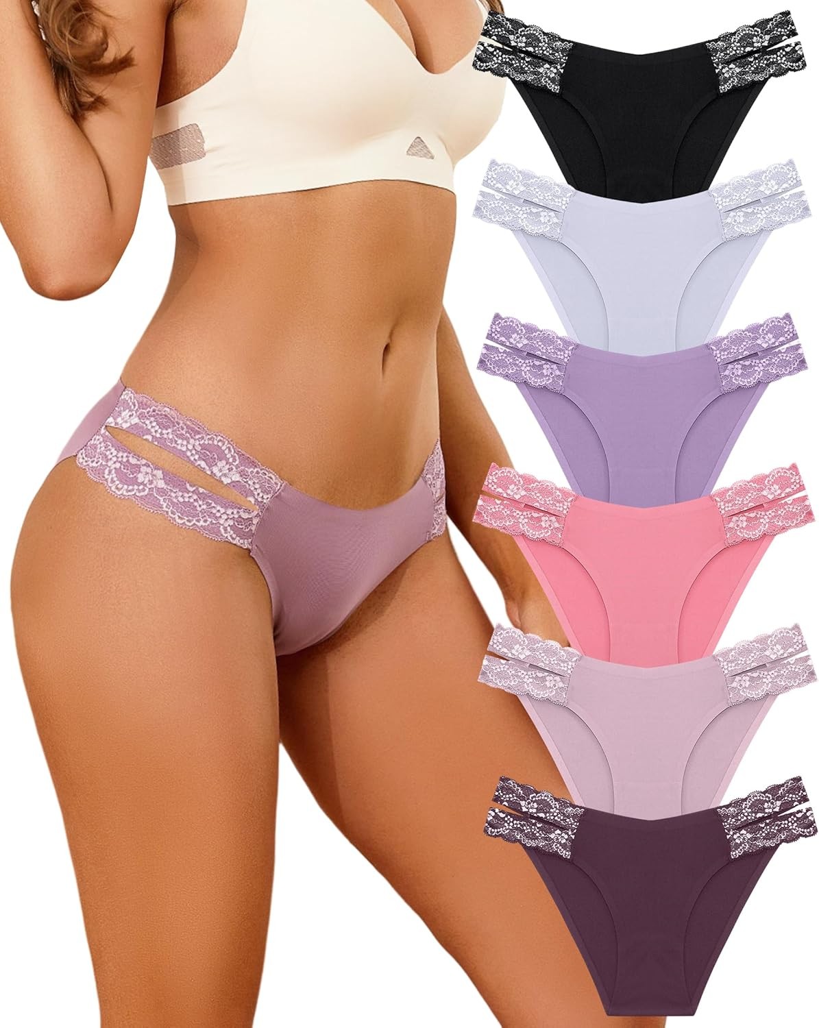 FINETOO Seamless Underwear for Women Cheeky Bikini Panties High Cut V-waist Lace