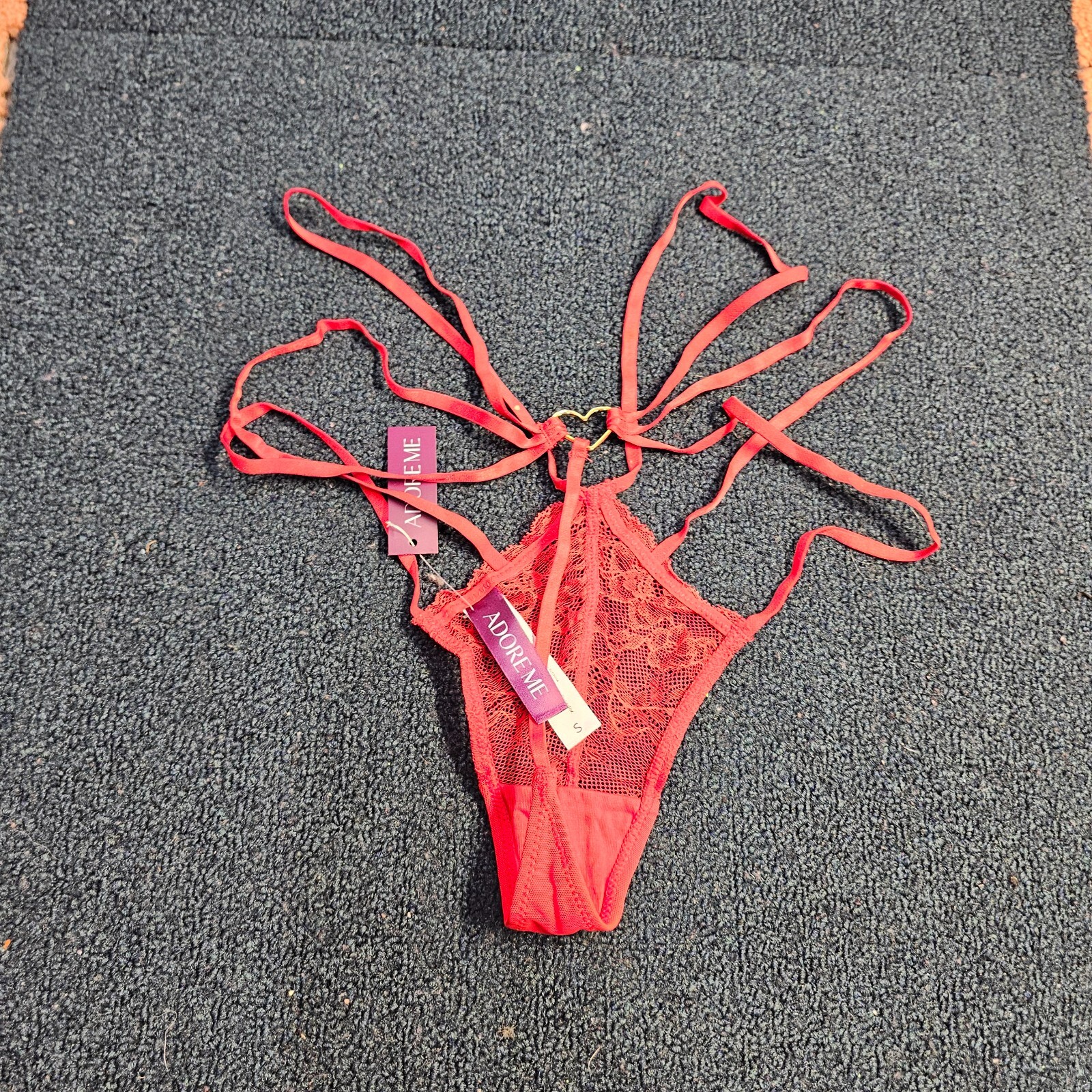 Adore Me Thong Lace Panties Sheer 3 String Red Small Gold Heart V1a